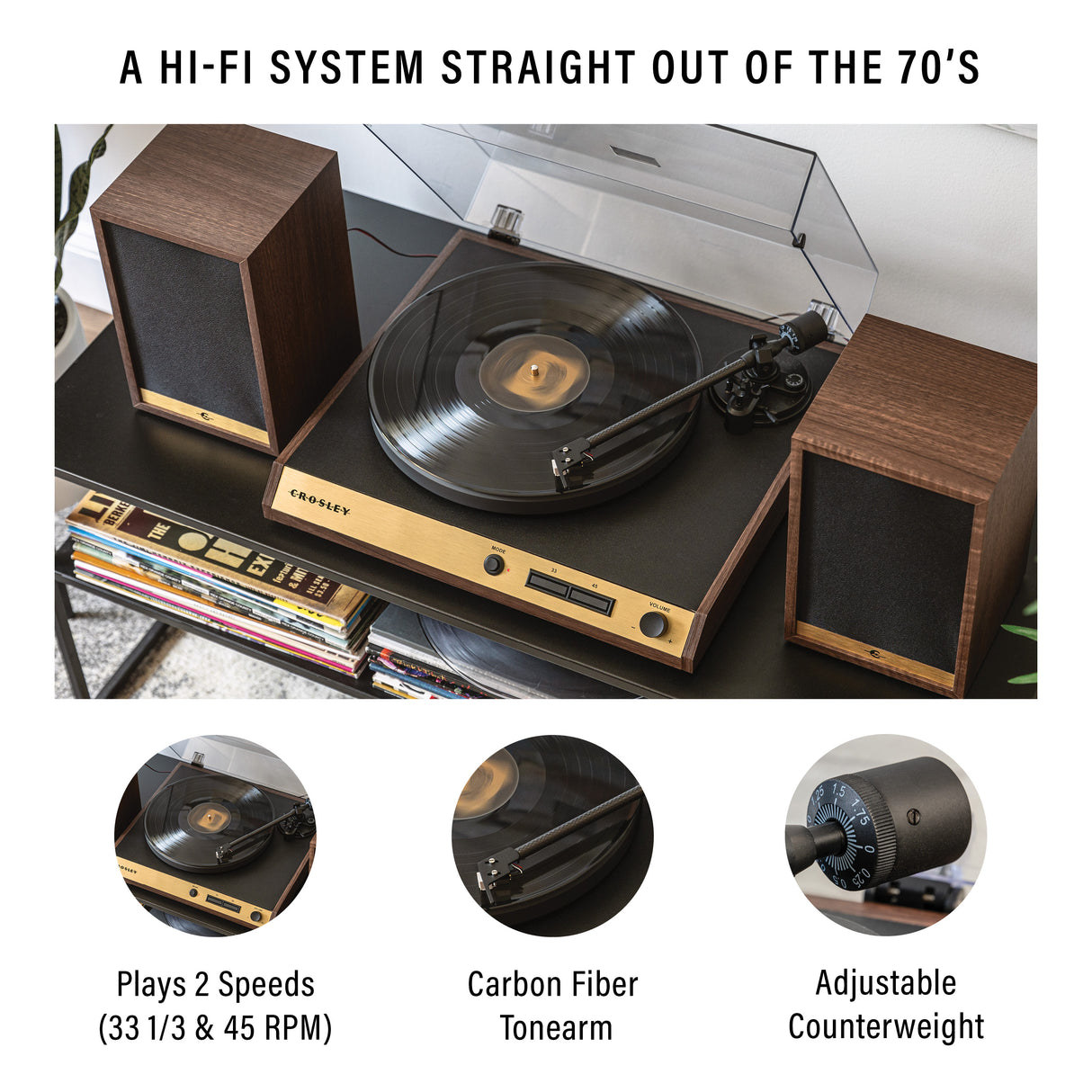 Crosley C72 platespiller med høyttalere (valnøtt)
