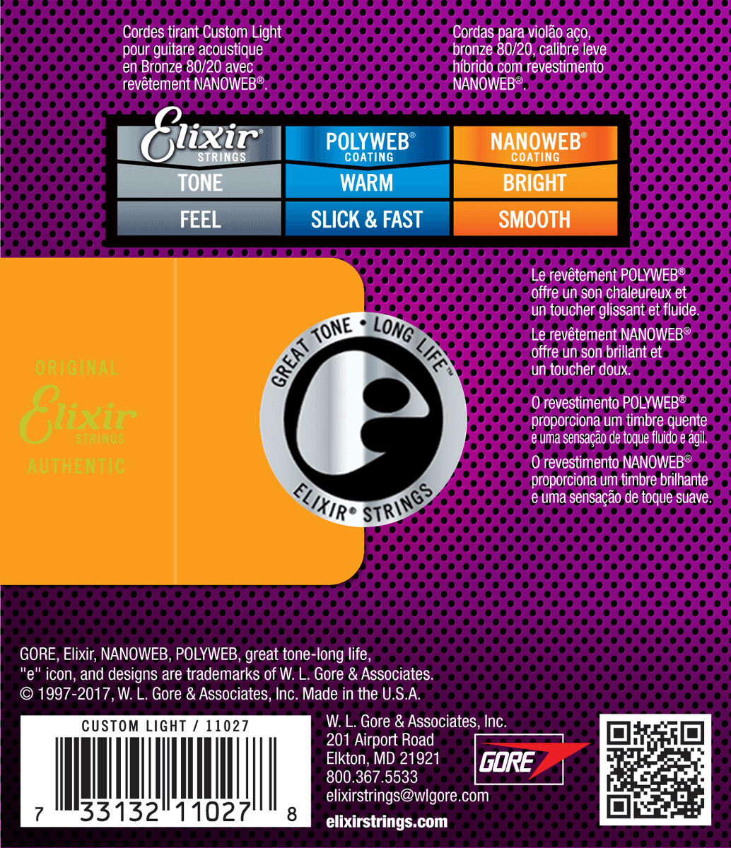 Elixir Nanoweb Bronze 80/20 gitarstrenger (tilpasset lys, 11-52)