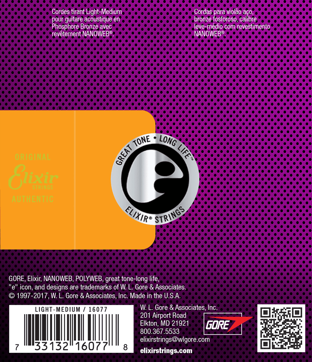 Elixir Nanoweb Phosphor Bronze gitarstrenger (medium lys, 12-56)