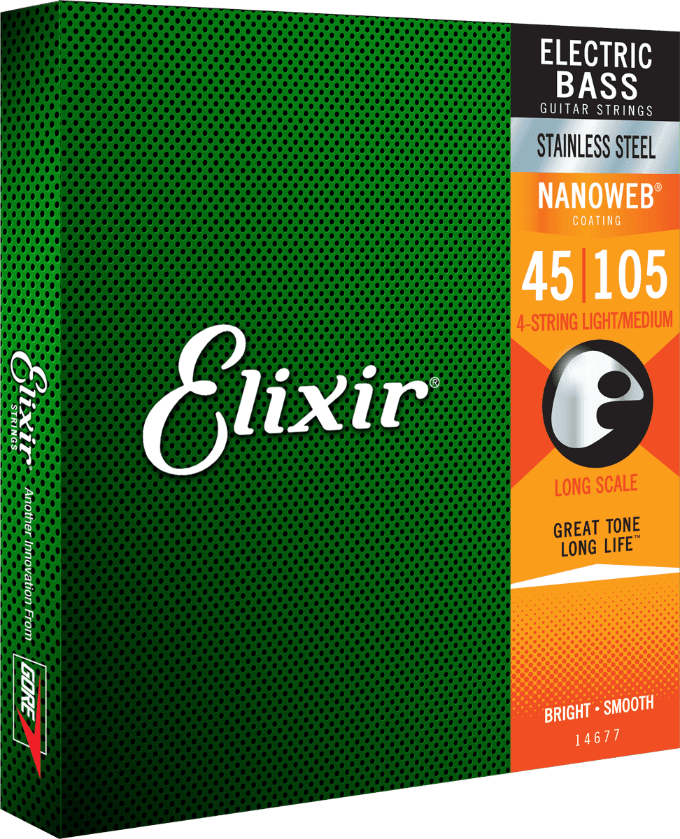Elixir Nanoweb basstrenger i rustfritt stål (medium, 4c, 45-105)
