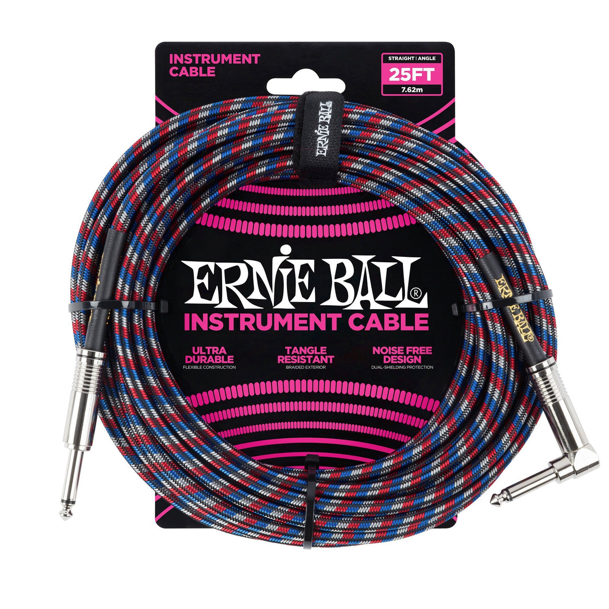 Ernie Ball 6063 gitarkabel (svart, rød, hvit, 7,5 m)
