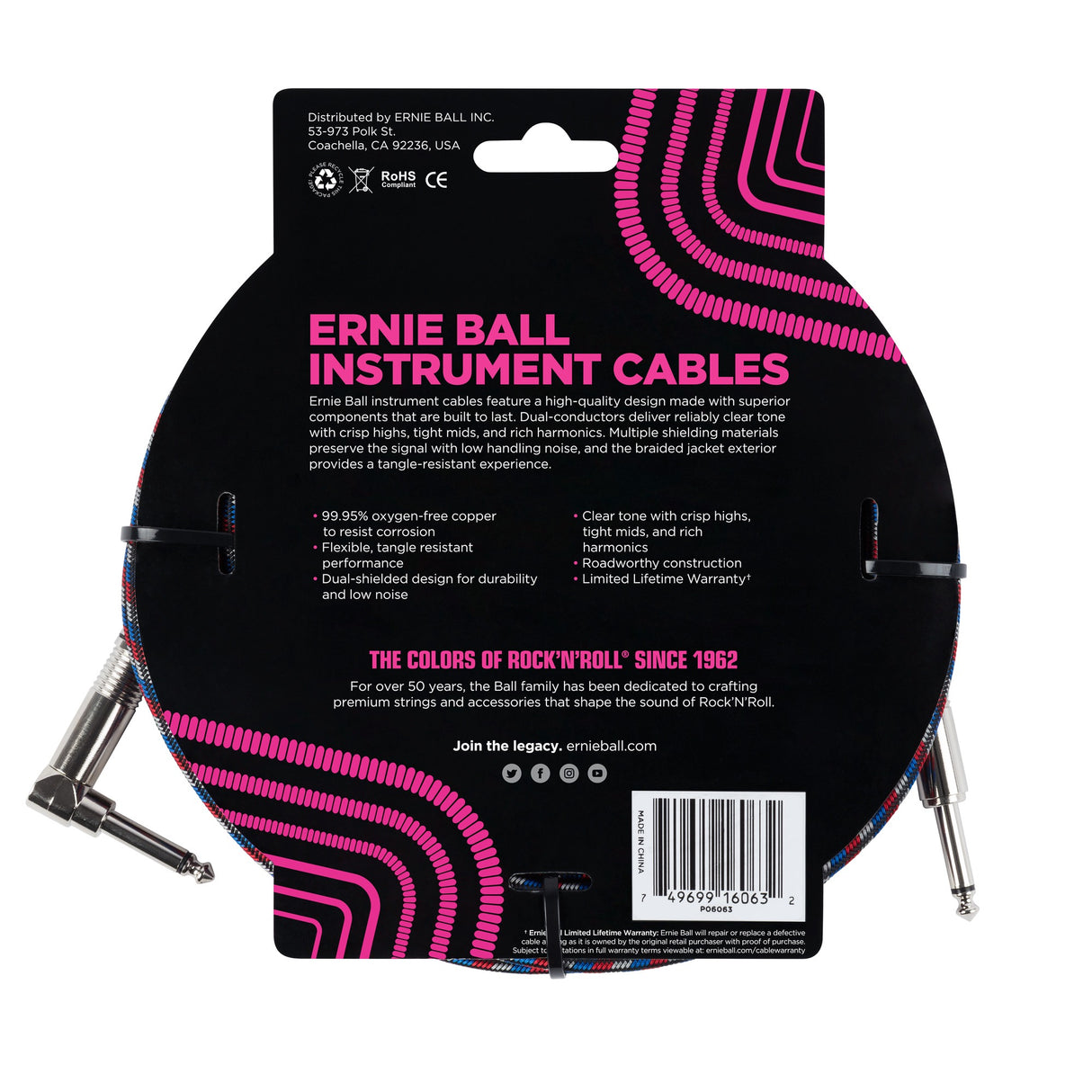 Ernie Ball 6063 gitarkabel (svart, rød, hvit, 7,5 m)