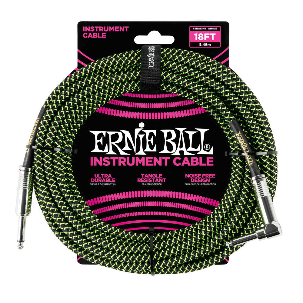 Ernie Ball 6082 gitarkabel (svart, grønn, 5,4 m)