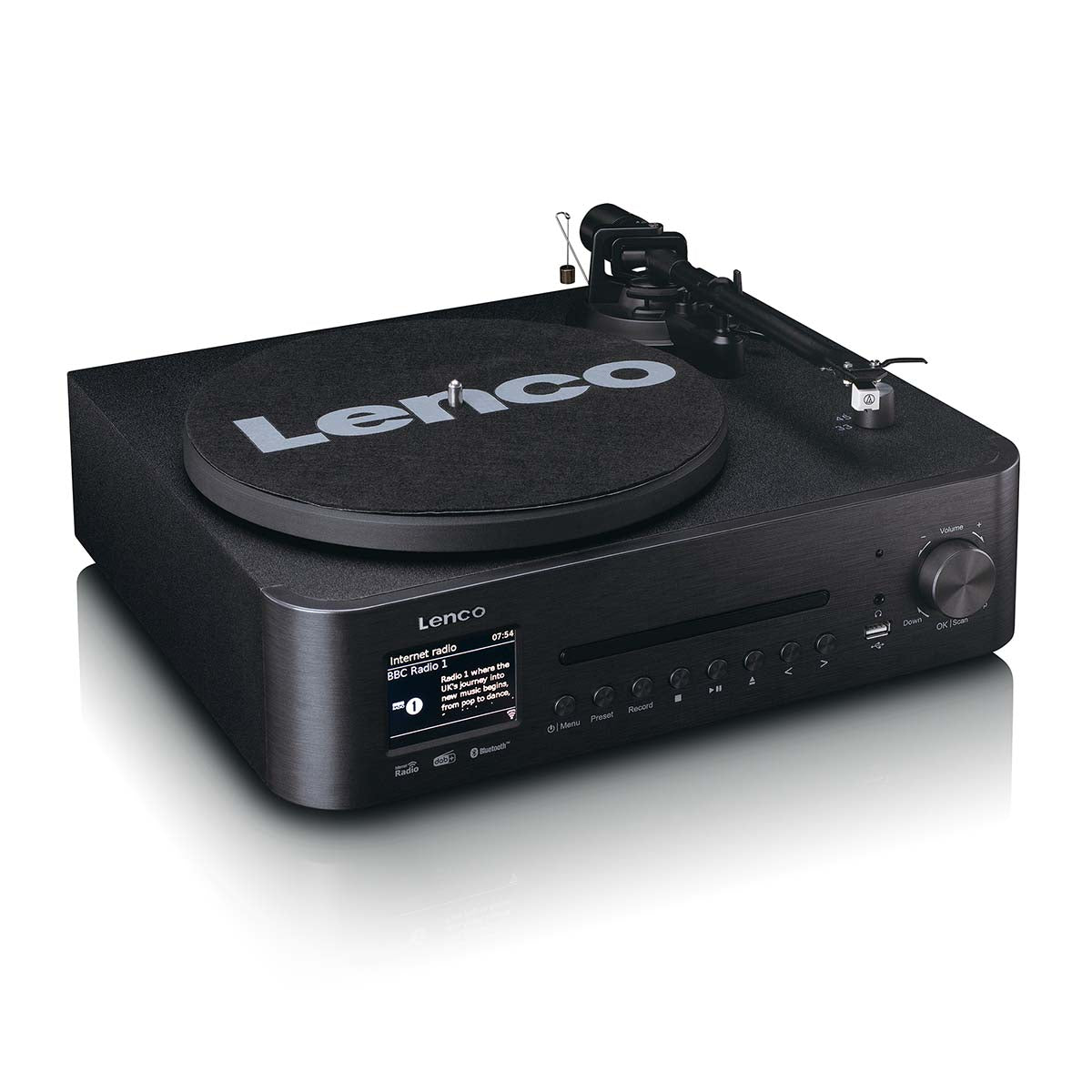 LENCO musikkanlegg, DAB/FM/CD/platespiller med høyttalere.