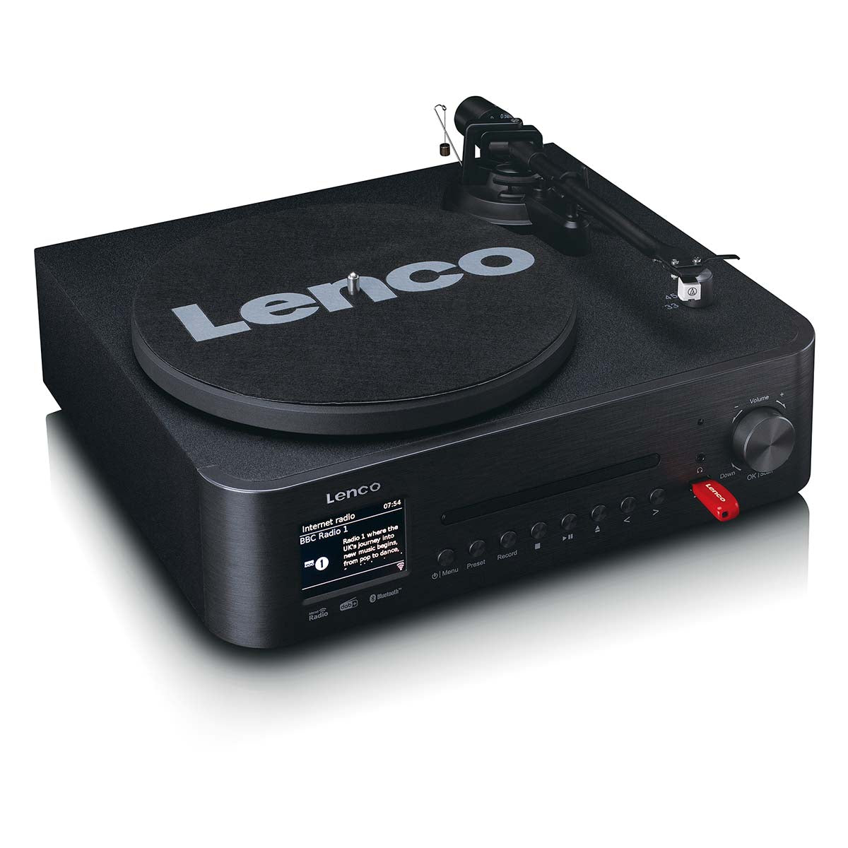 LENCO musikkanlegg, DAB/FM/CD/platespiller med høyttalere.