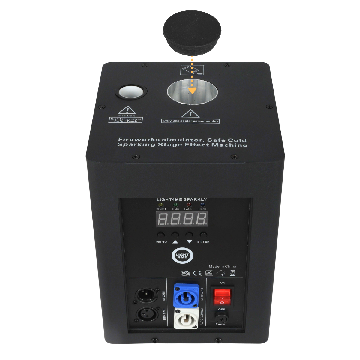 Light4Me Sparkly 600W cold spark-maskin – DMX og fjernkontroll