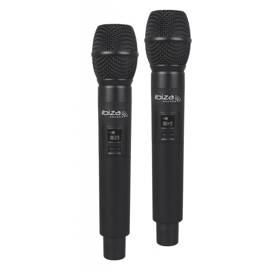 Dobbel UHF-mottaker med 2 håndholdte mikrofoner