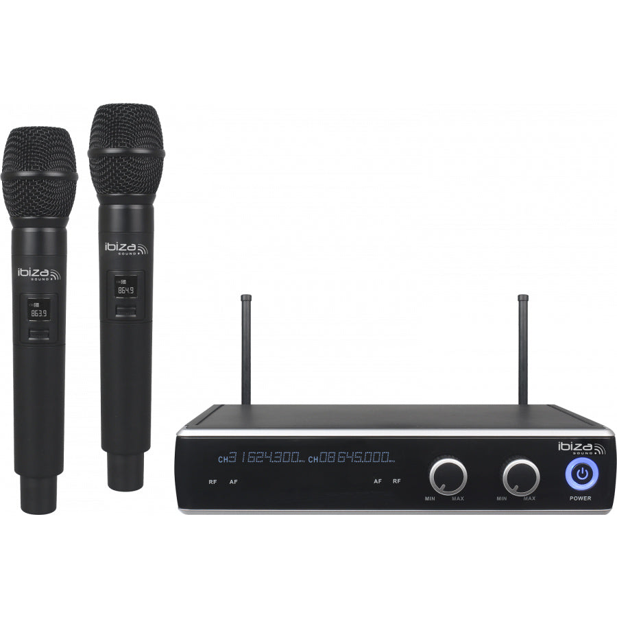 Dobbel UHF-mottaker med 2 håndholdte mikrofoner