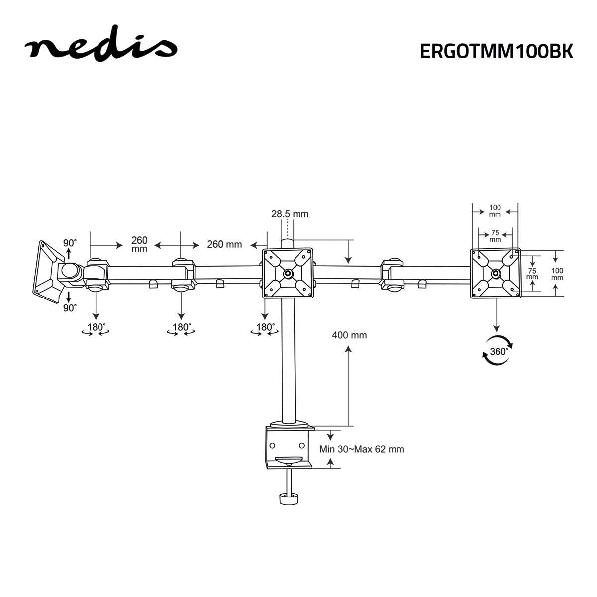 Ergonomisk skjermbrakett for 3 skjermer (14-24")