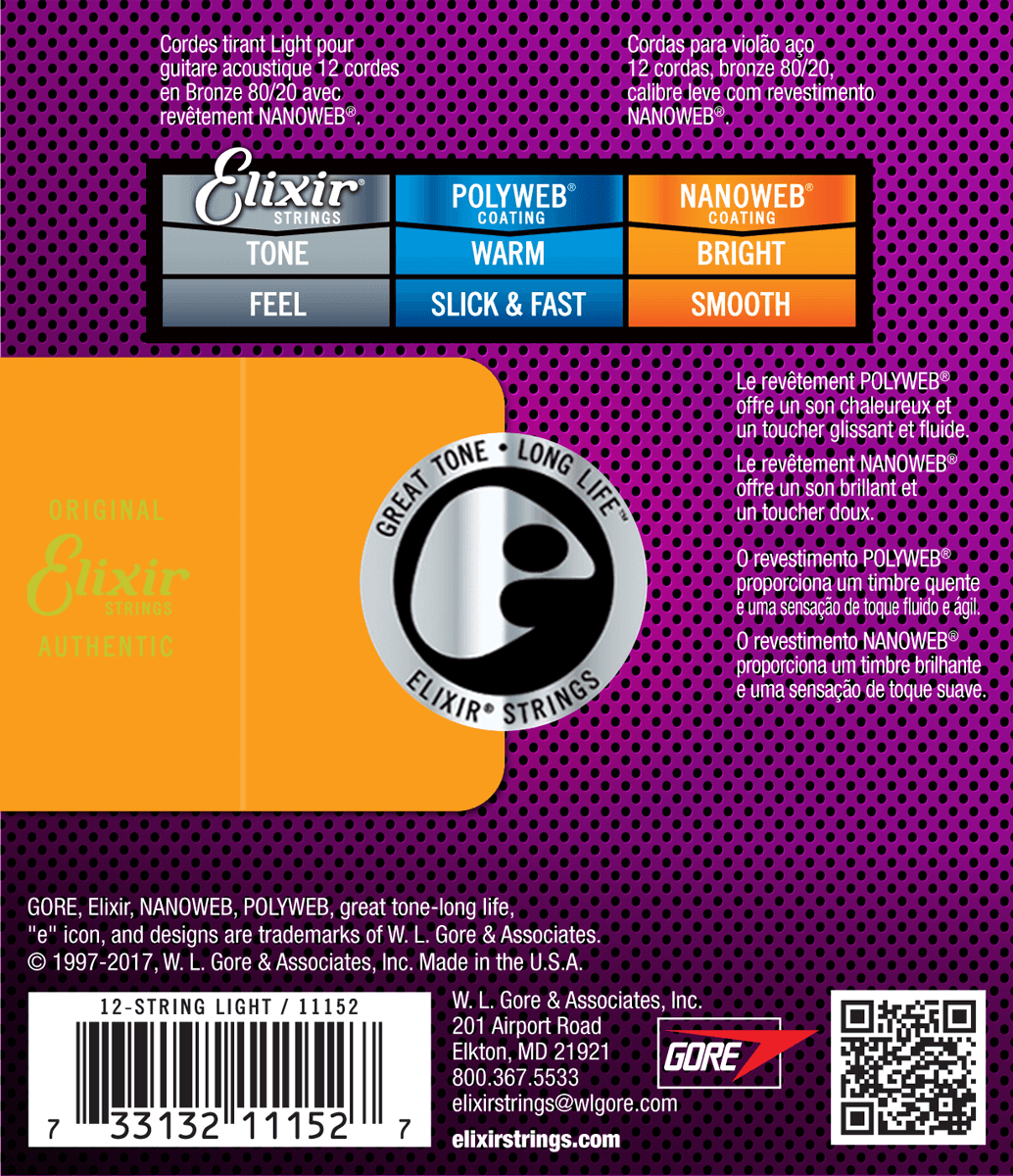 Elixir Nanoweb Bronze 80/20 gitarstrenger (12-strengs, lett, 10-47)