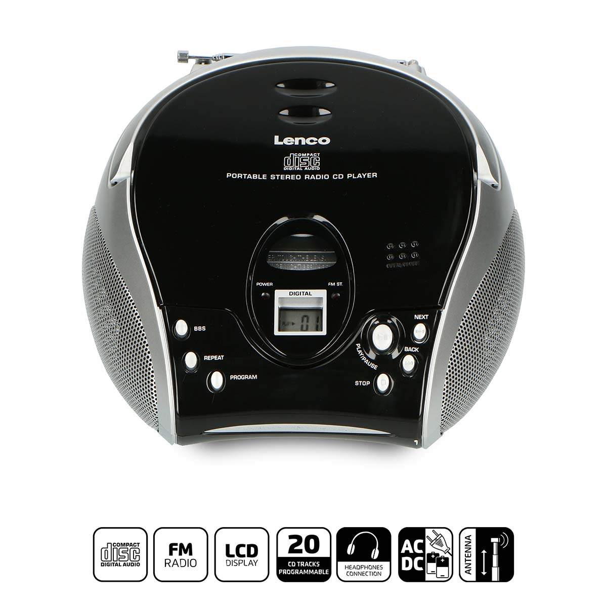 Bærbar stereo FM-radio med CD-spiller Svart/sølv