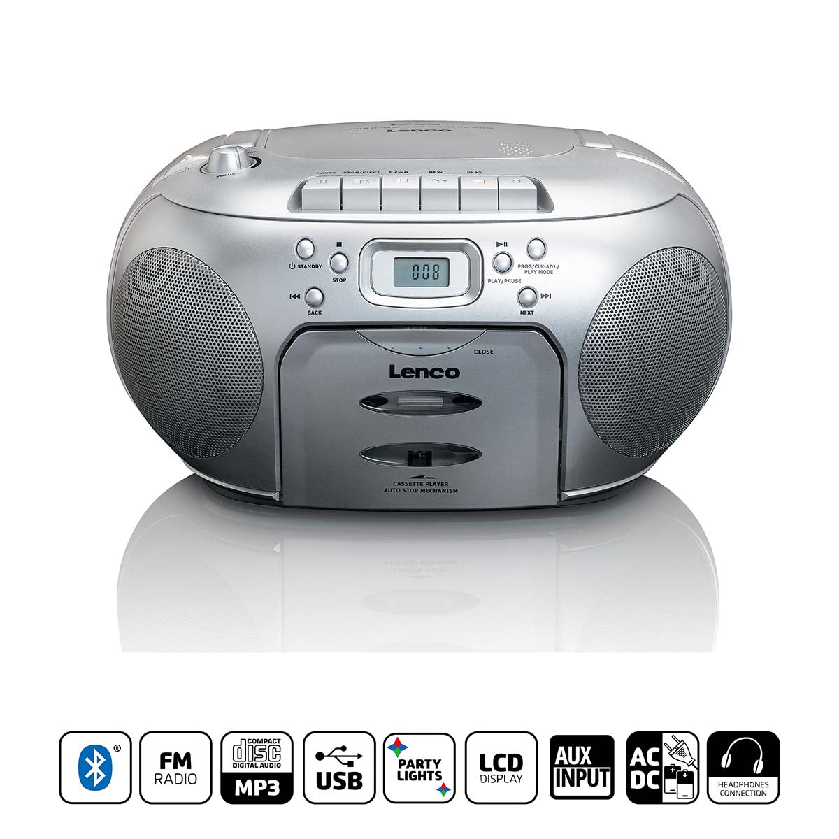 Bærbar FM-radio med CD- og kassettspiller, Sølv